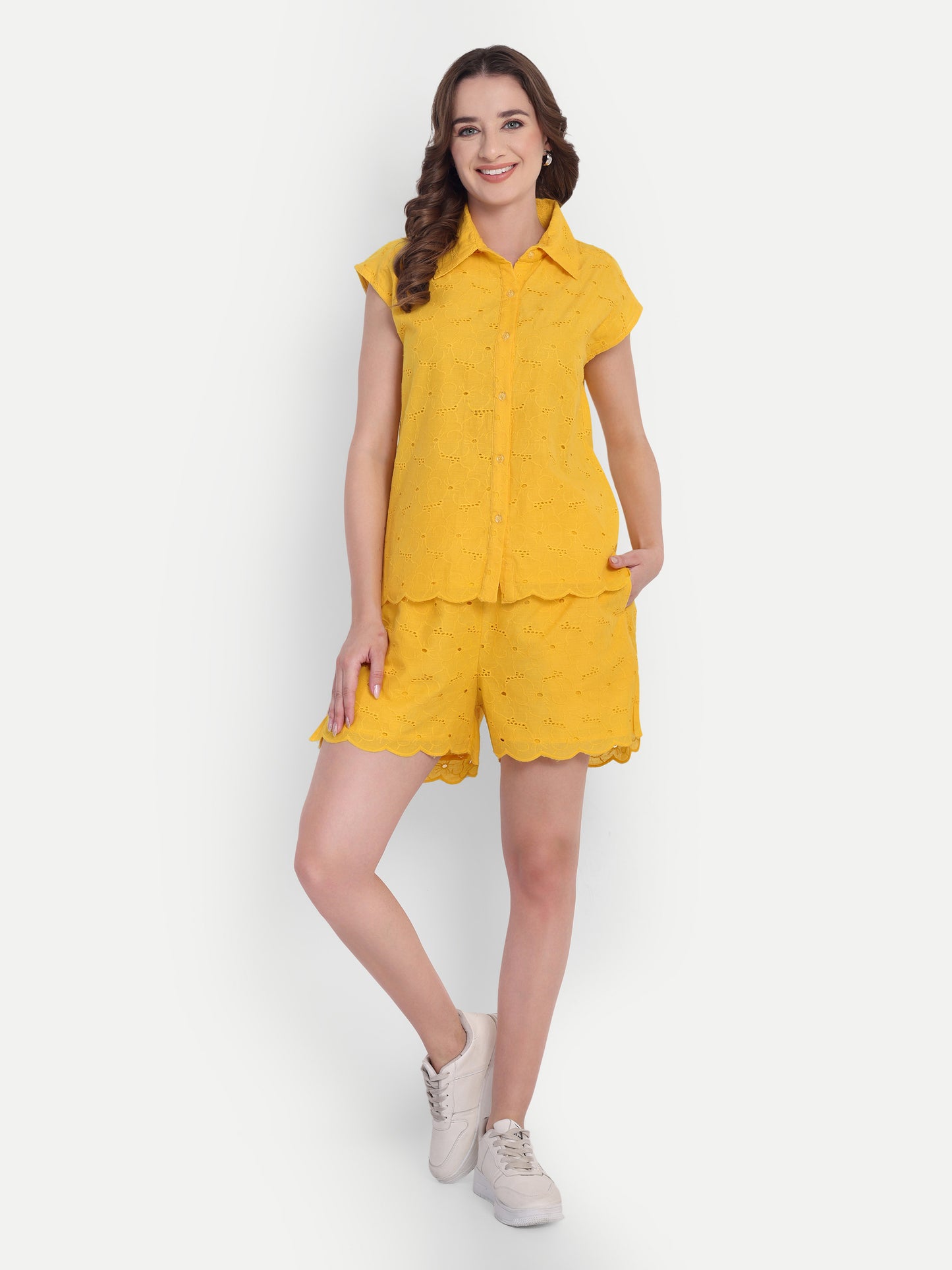 Schiffli Shorts Set-Yellow