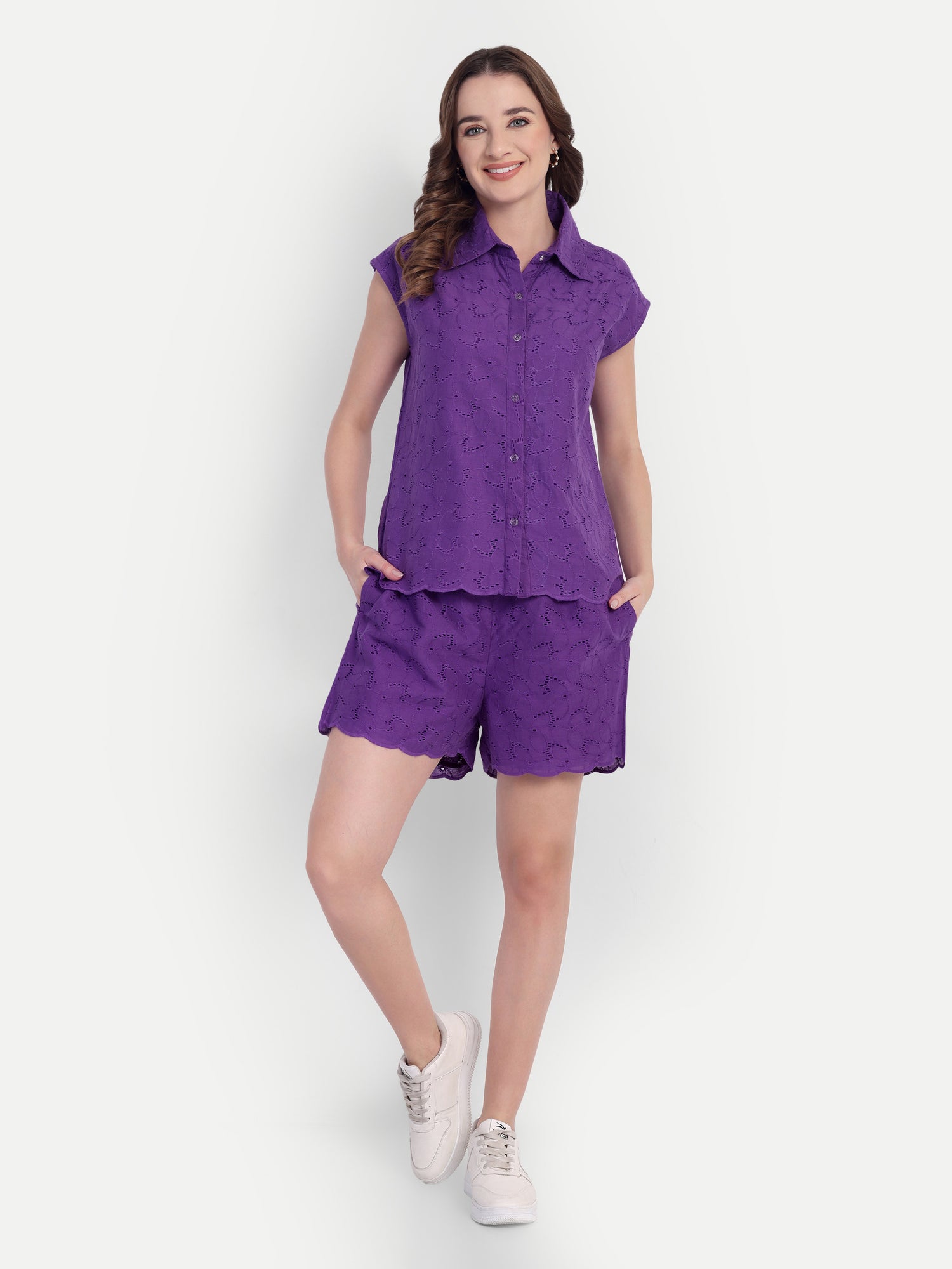 Schiffli Shorts Set- Purple