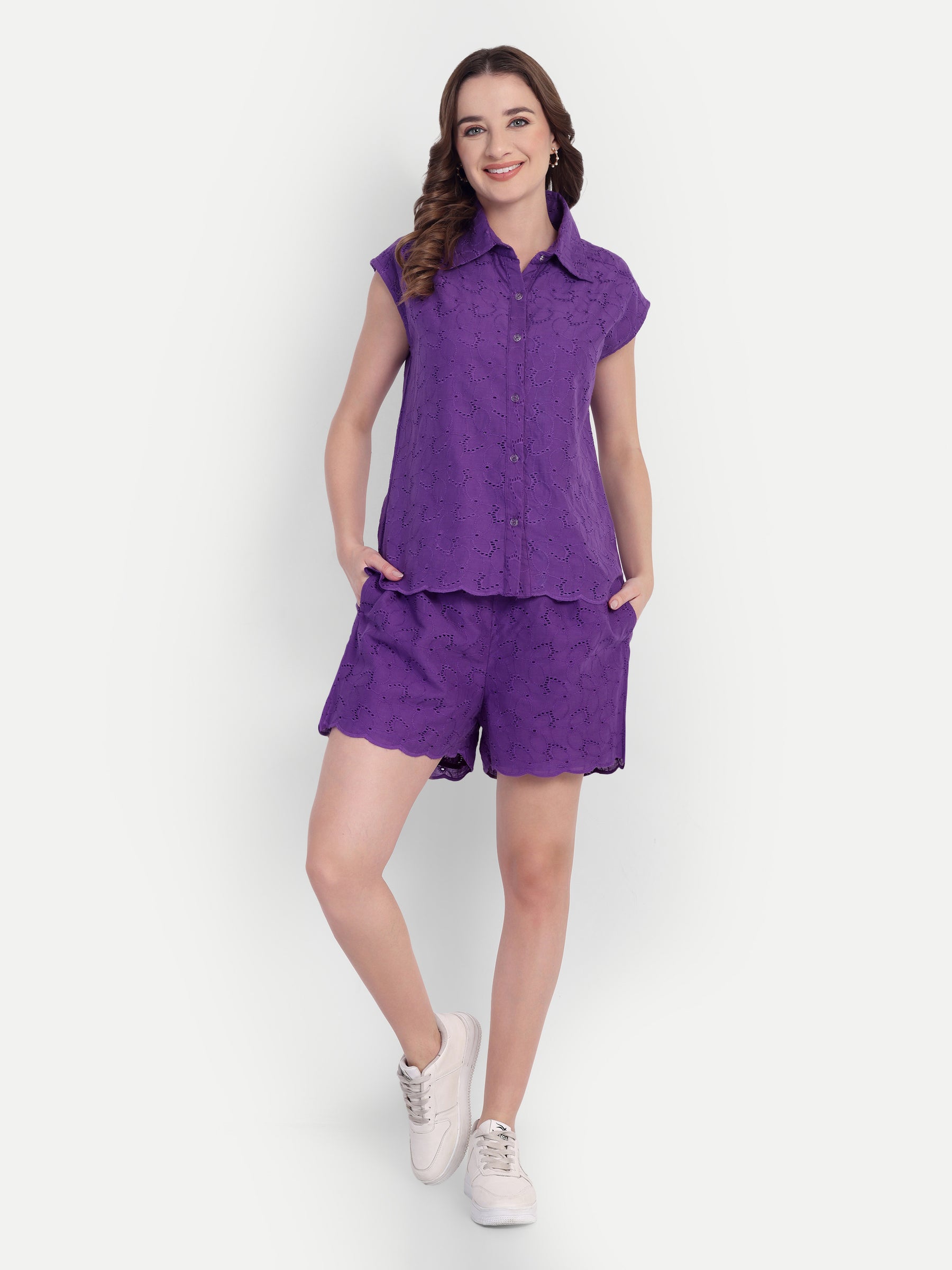 Schiffli Shorts Set- Purple