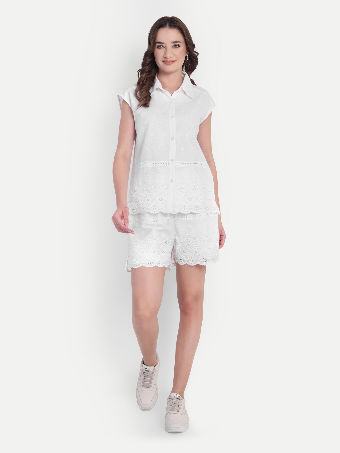 Schiffli Shorts Set- White