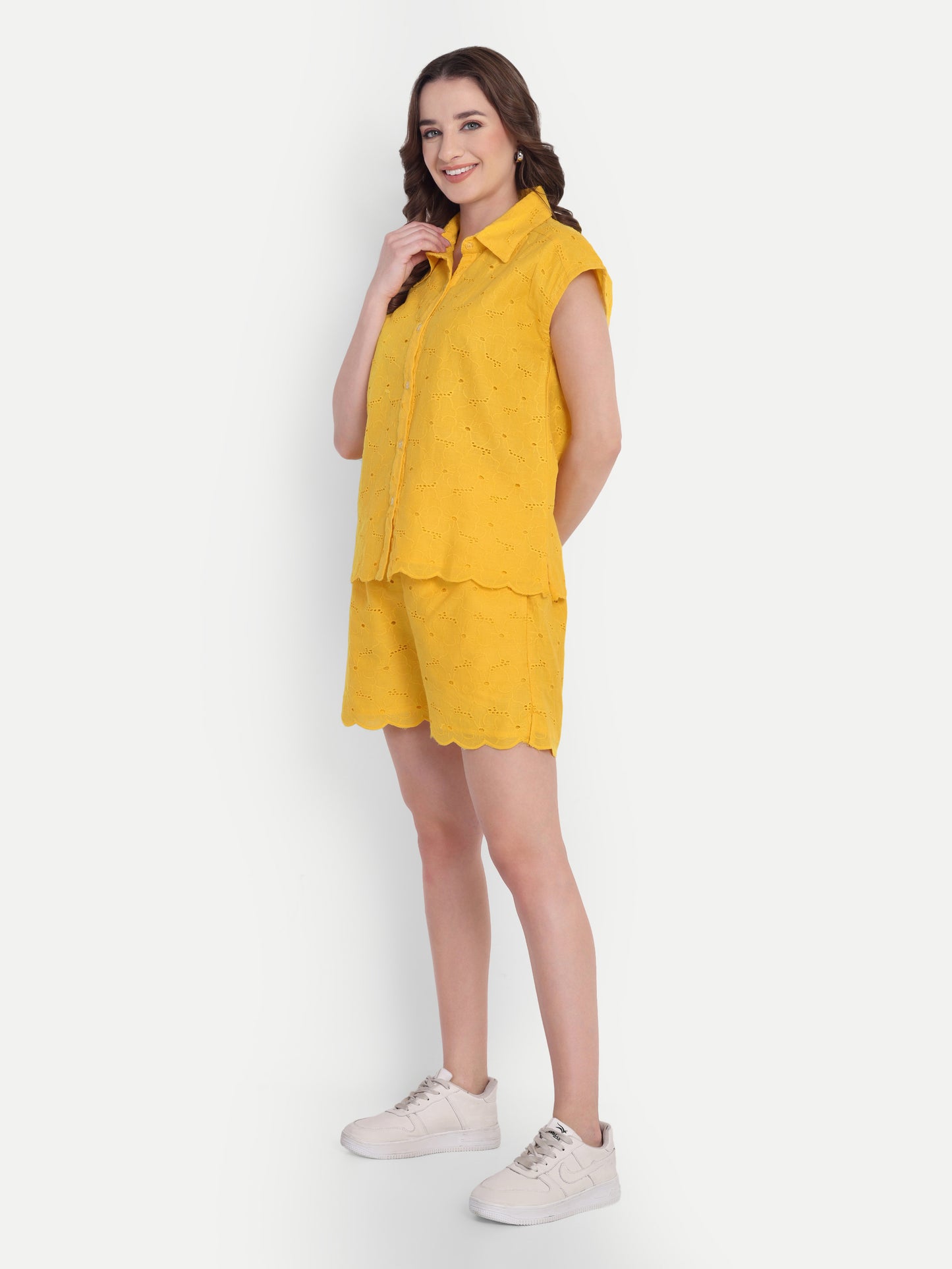 Schiffli Shorts Set-Yellow