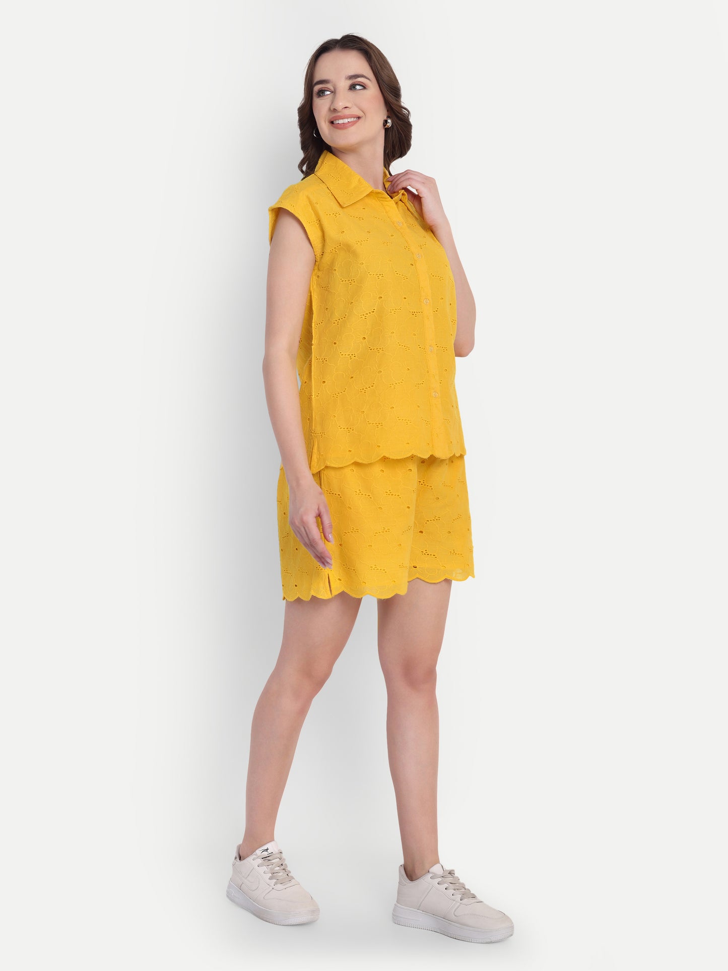 Schiffli Shorts Set-Yellow