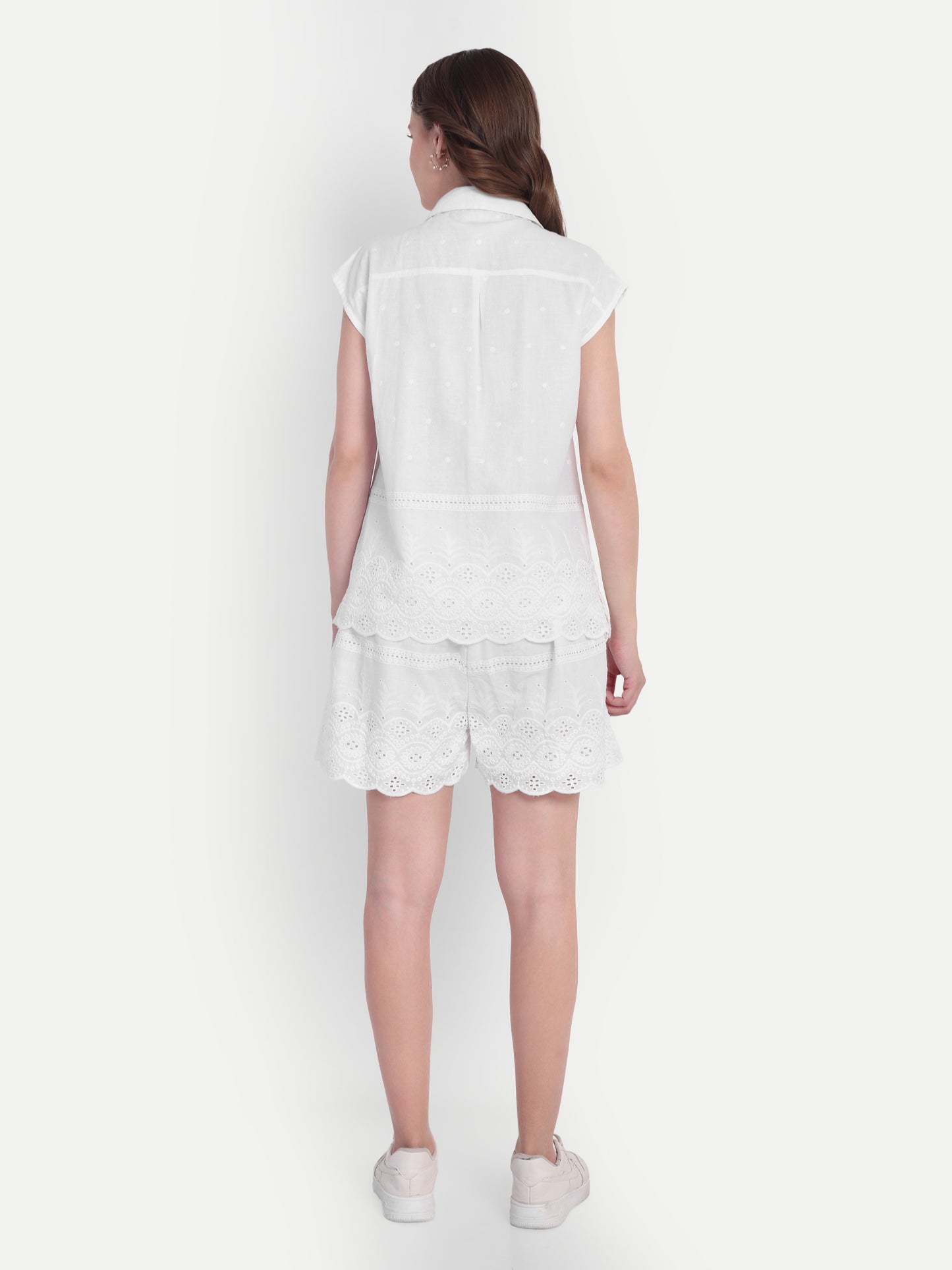 Schiffli Shorts Set- White